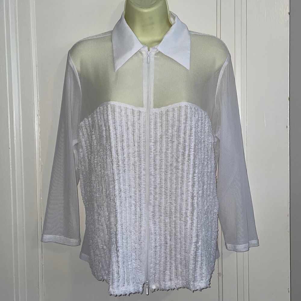 Samuel Dong white sheer ruffle front summer jacket/ coverup